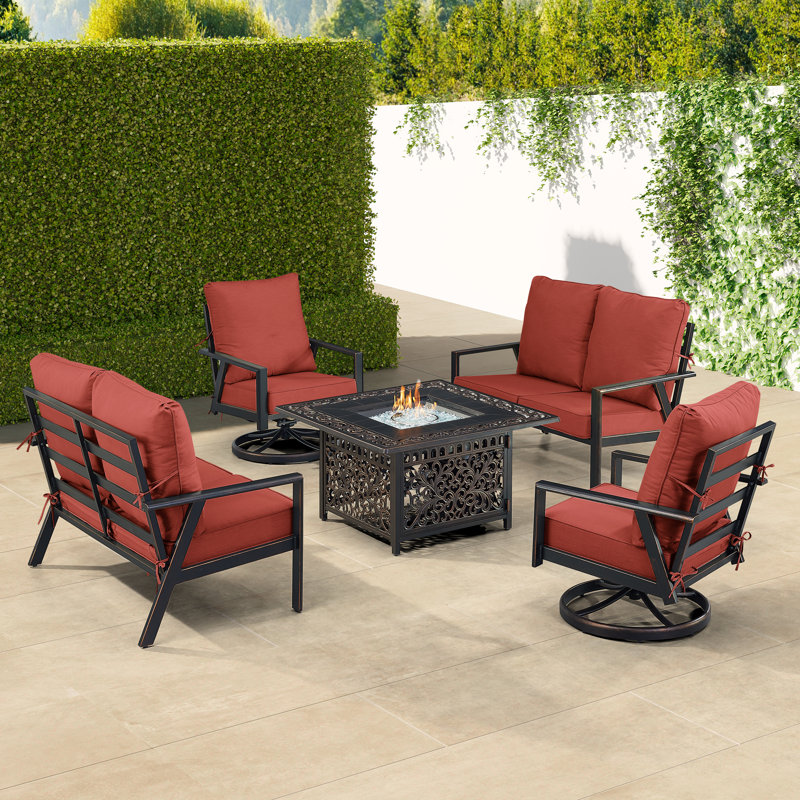 Ensemble de table de foyer en aluminium noir avec deux causeuses et deux fauteuils club CHo Club, Rouge