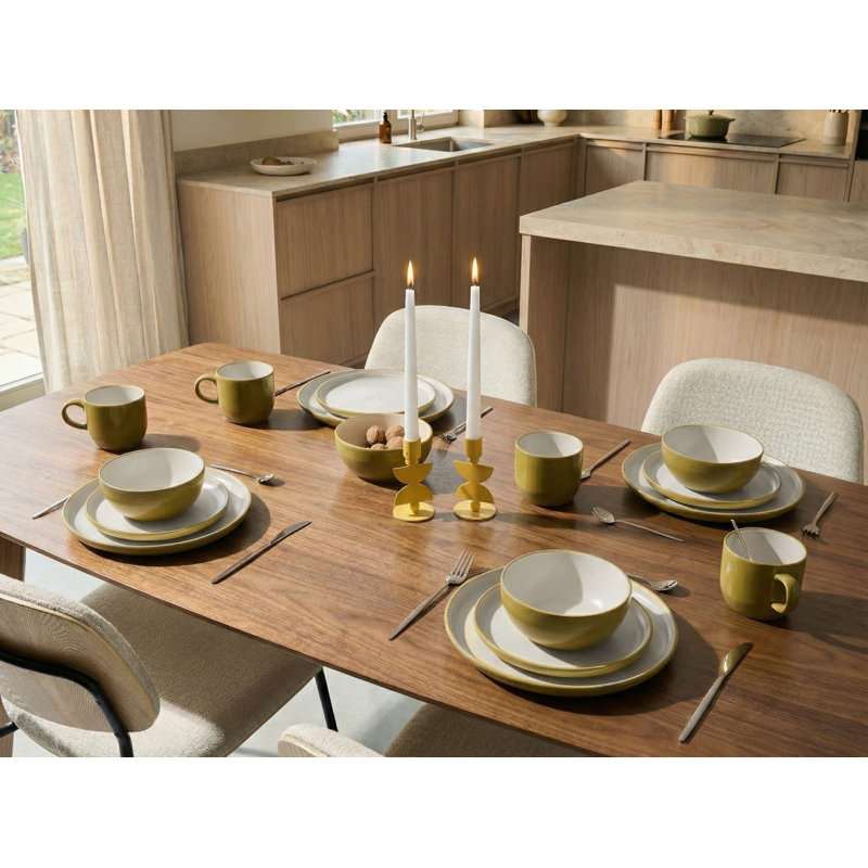 Stoneware Dinnerware - Service for 4, Green/White