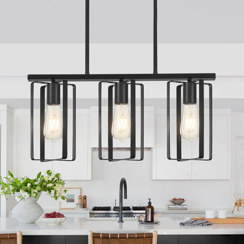 Almonte 3 - Light Modern Farmhouse Metal Kitchen Island Pendant, Matte Black/Matte Black
