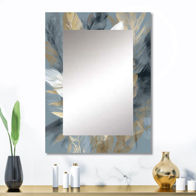 Or et gris Impressions de Bohemian Energy II - grand miroir mural en plumes de Boho