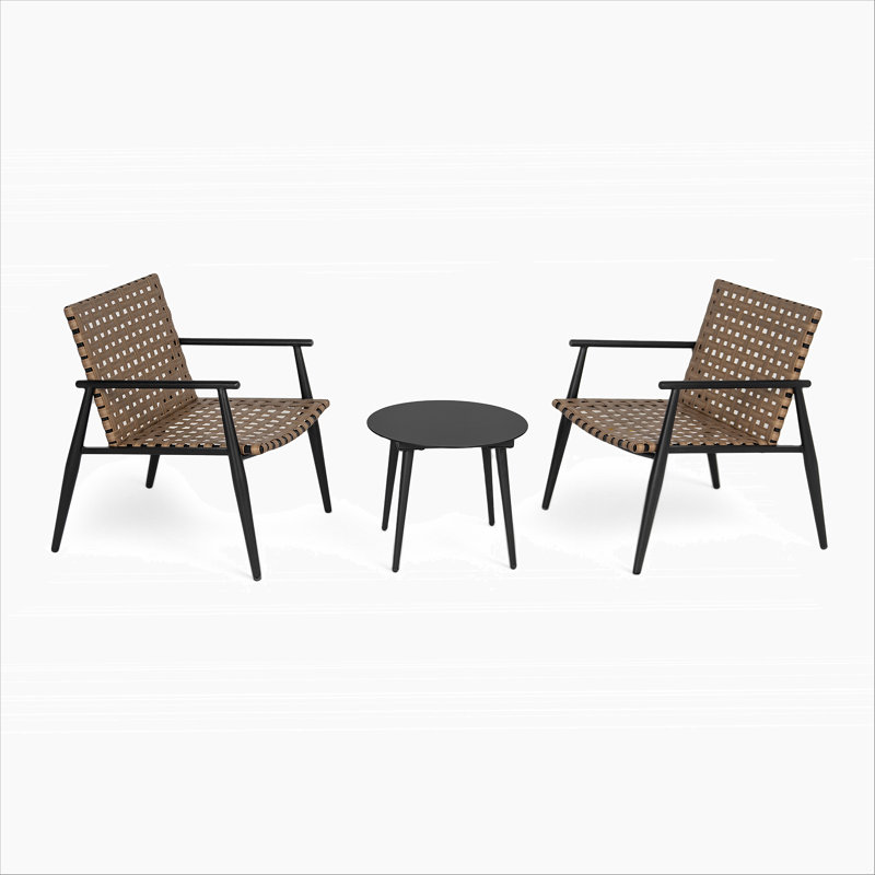 Ensemble de conversation moderne pour l'extérieur: 2 chaises en rotin PE + table d'appoint en acier noir et verre trempé - Durable et élégant