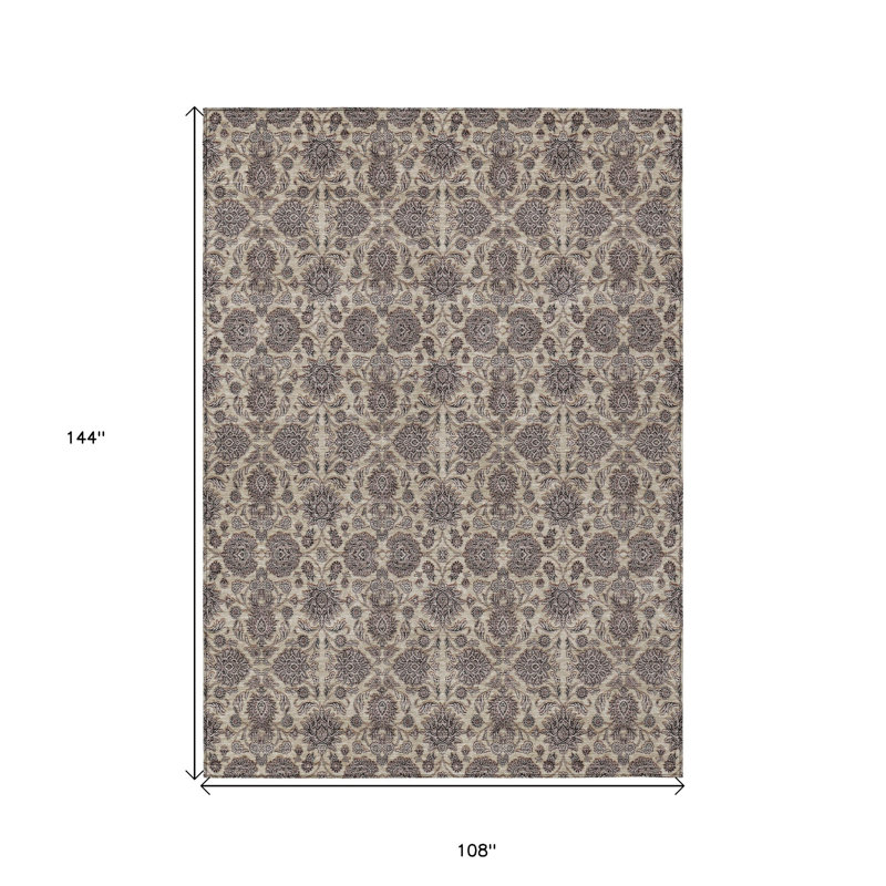 Tapis intérieur lavable floral taupe et beige ivoire 9 pi x 12 pi