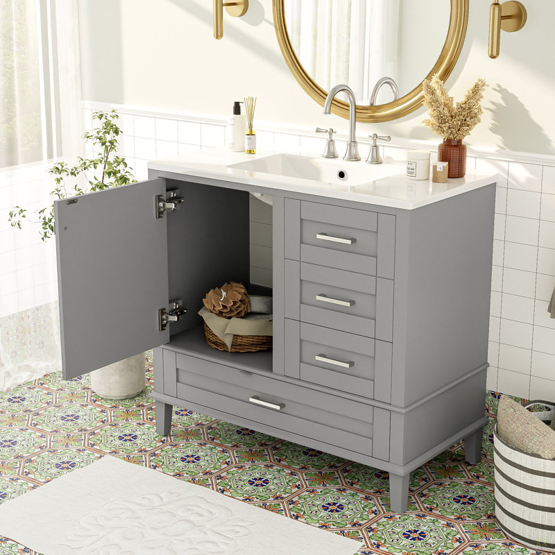 Meuble-lavabo moderne 36 po avec cadre en pin massif, 1 porte à fermeture douce et 3 tiroirs, armoire de rangement moderne