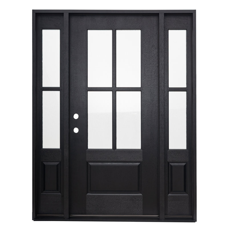 Porte d'entrée en fibre de verre avec 2 panneaux latéraux, porte d'entrée texturée en acajou, verre de pluie Low-E
