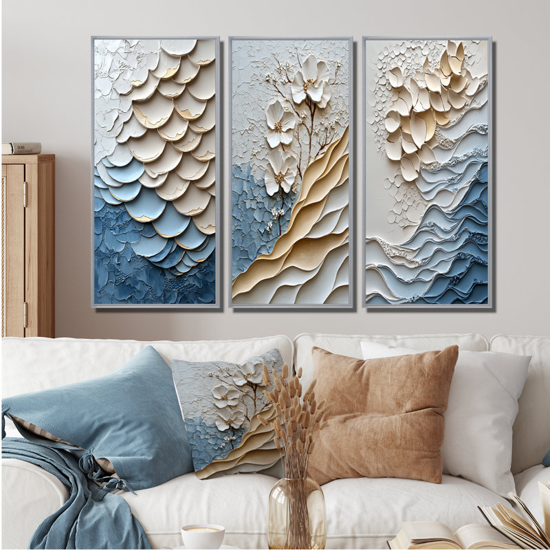 Blanc et bleu côtier mosaïque I - Collection d'art mural côtier, H 28 po x l 36 po, Reproduction encadrée sans passe-partout