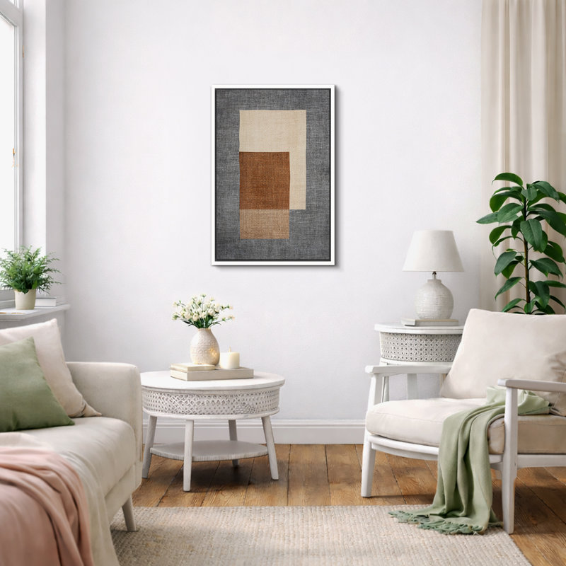 Mid Century Shape "Brown, Beige, Grey Abstract Blocks Artwork, Geometric Modern Rustic Minimalist Wall Pictures, Large Framed Canvas Giclee Print Wall Art"