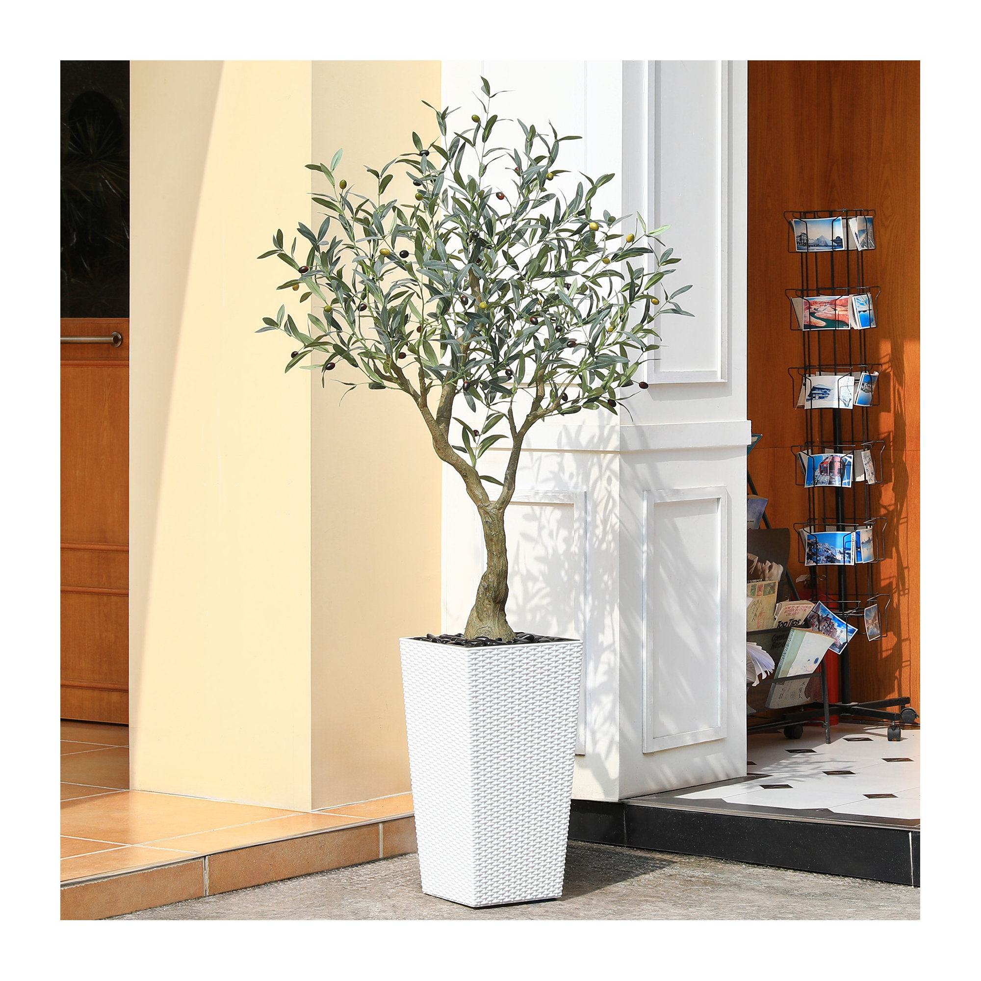 Adcock Artificial Olive Tree UV Resistant with Tall Planter, Faux Olive Tree for Outdoor Decor, White, 72" H x 24" W x 24" D