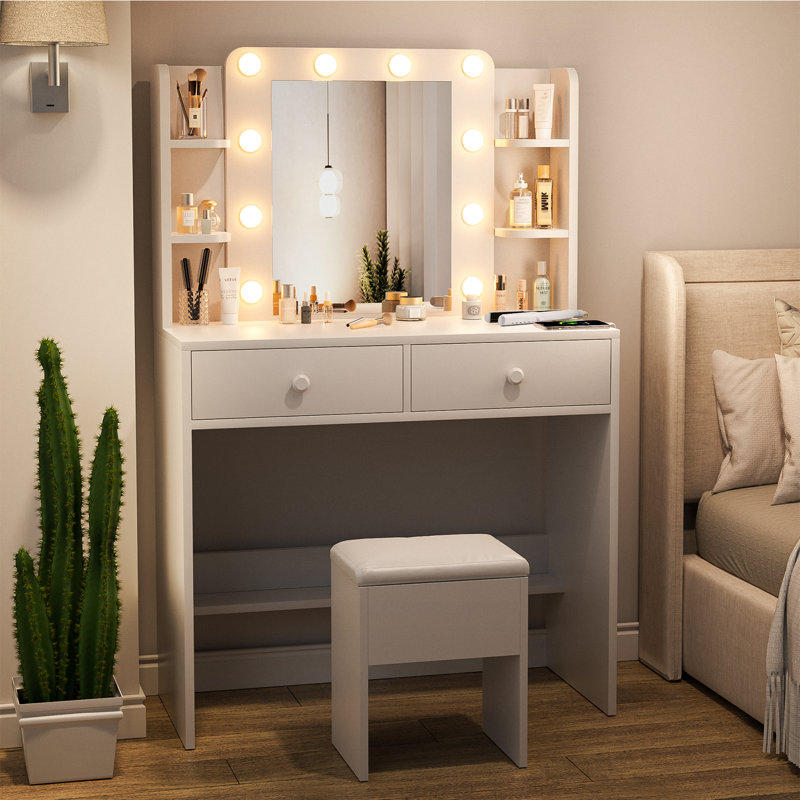 Coiffeuse blanche avec miroir lumineux, prises de courant et tabouret de rangement, 6 tablettes ouvertes et 2 tiroirs, Blanc
