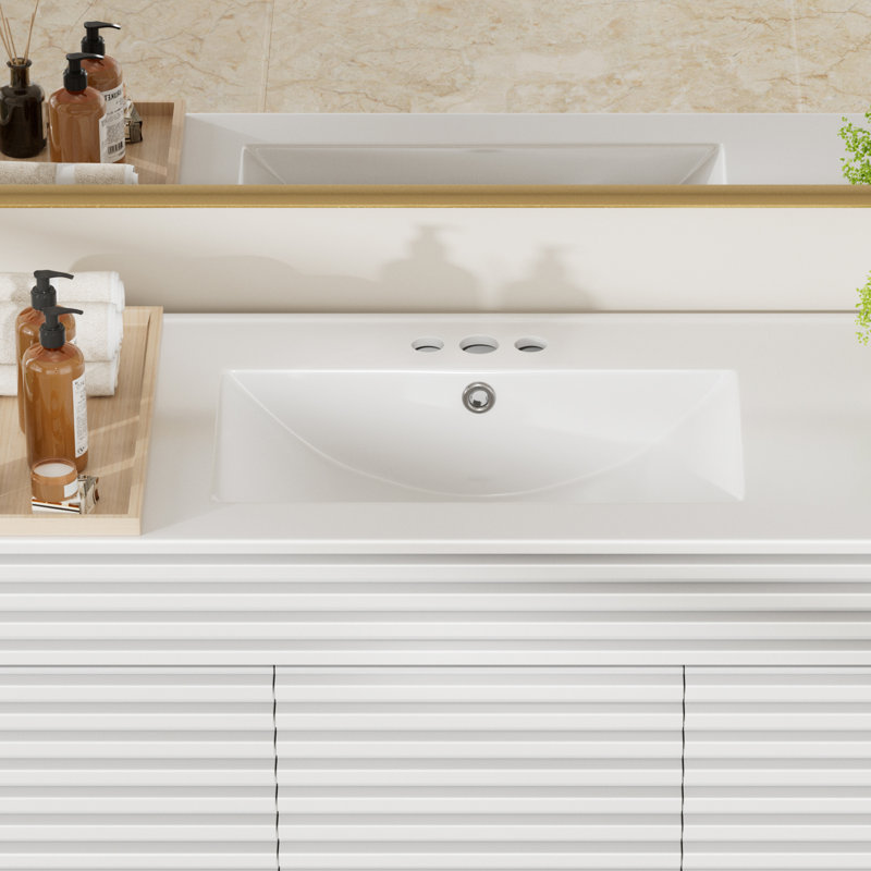 48"X18¼" Bathroom Vanity Sink Top With Three Holes, Ceramic Vanity Sink Top With Overflow, Drop In Bathroom Vessel Sink Rectangle, Glossy White