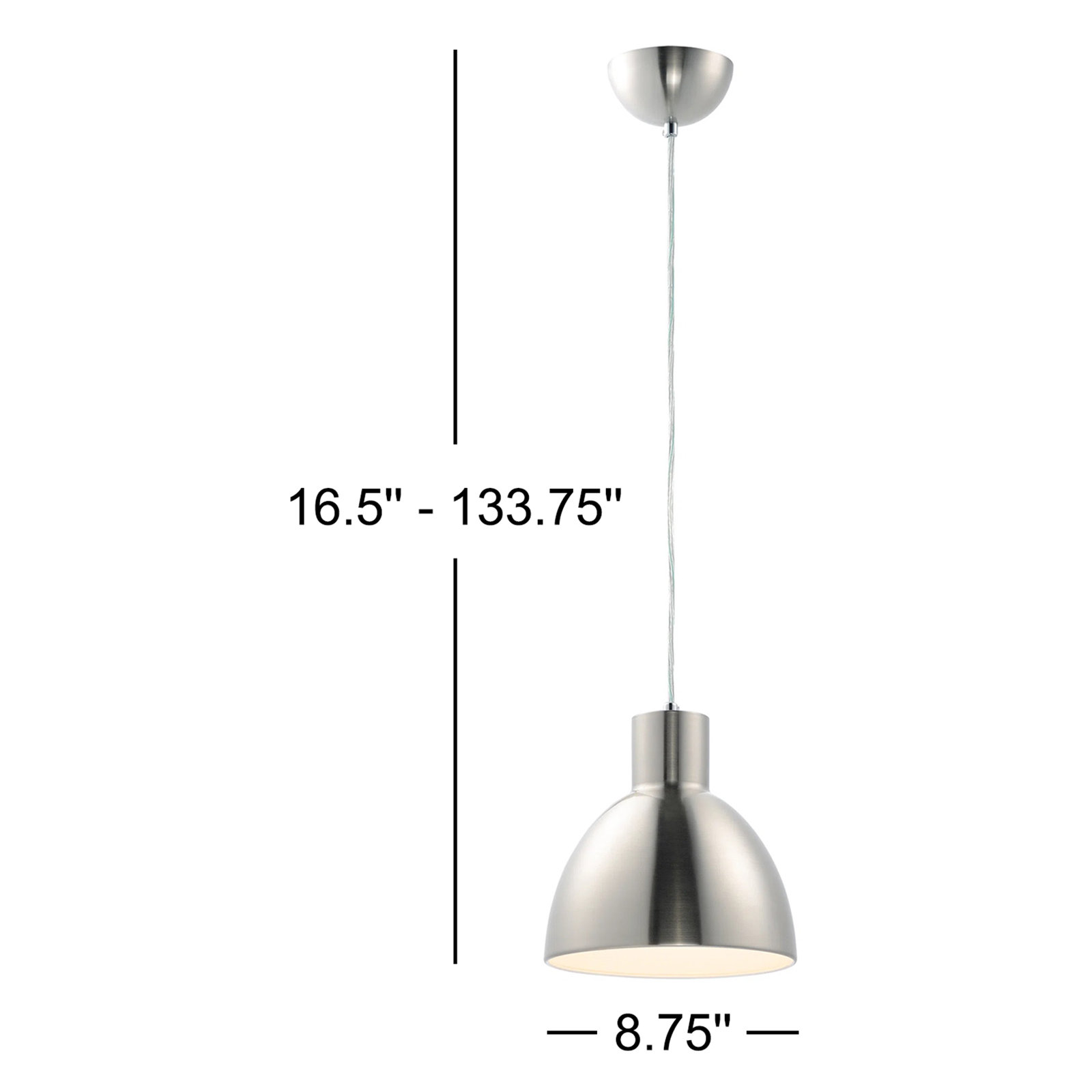 Wava Single Light Metal Dimmable Pendant, Satin Nickel, 8.75" H x 8.75" W x 8.75" D