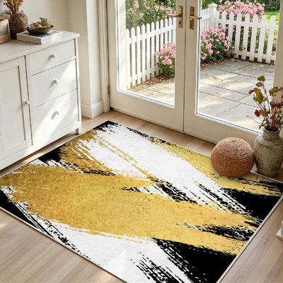 Gold Machine Washable,White and Brushstroke Design Indoor Area Rug