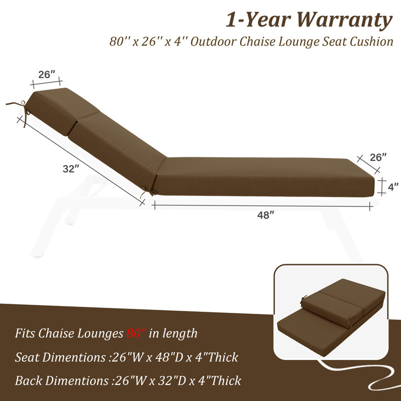 1-Piece Outdoor Chaise Lounge Chair Cushion, 80"X26"X4", Chocolate