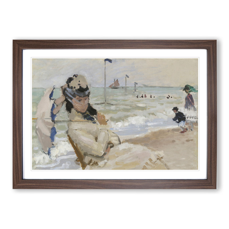 Camille on the Beach in Trouville by Claude Monet - Picture Frame Painting, 36cm H x 48cm W x 2cm D, Walnut Framed