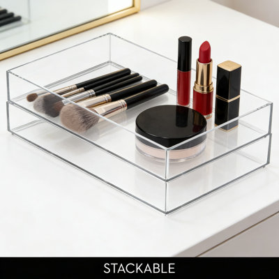 Ensemble de 2 plateaux de rangement pour tiroir de maquillage transparent, sans BPA et solution de rangement de comptoir de salle de bain pour cosmétiques et petits articles essentiels