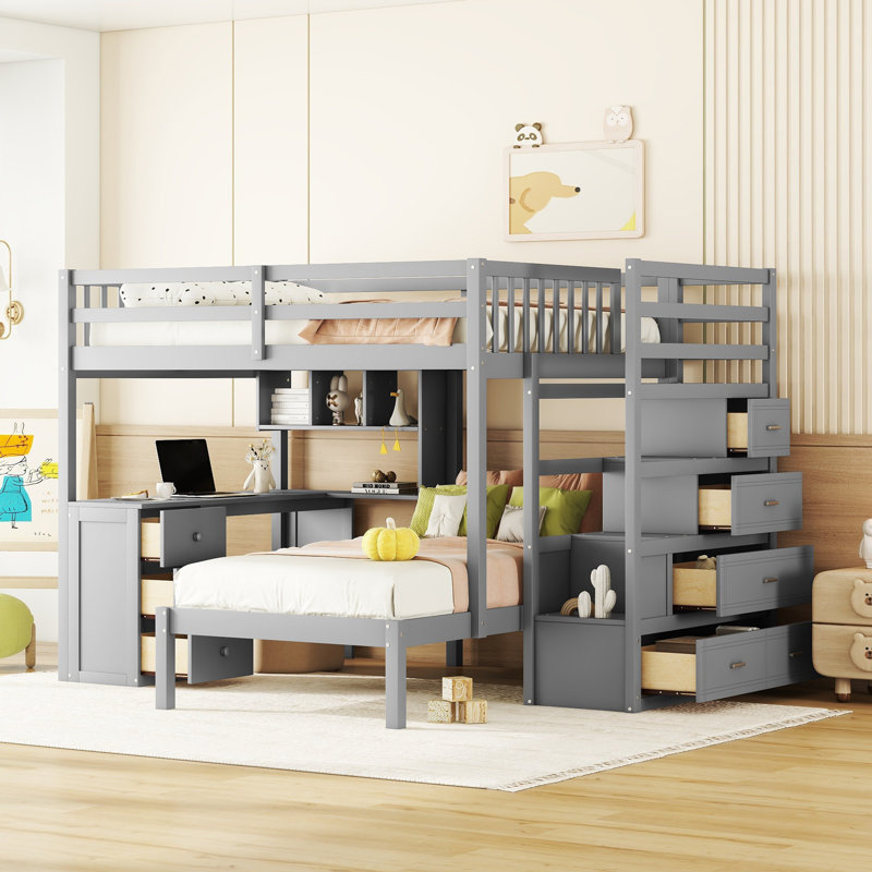 Shauna L-Shaped Bunk Bed with Desk, Drawers and Stairs, Gray