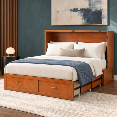 Queen Solid Wood Murphy Bed, Smart Cabinet Bed with USB Charging Station & Tri-Fold Mattress, Storage Drawers for Home