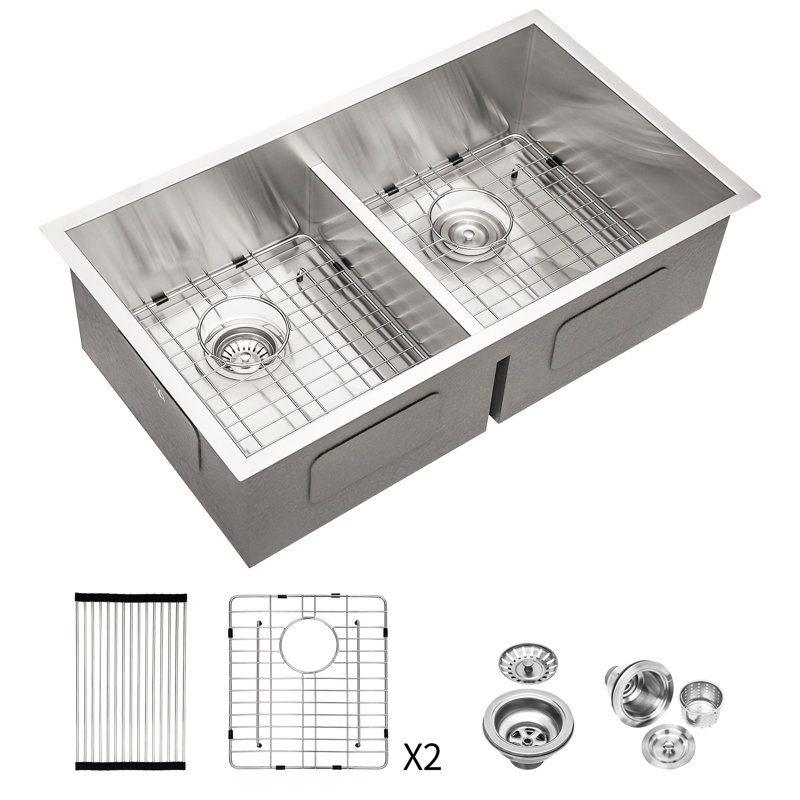 Évier de cuisine encastré 30 po x 19 po 50/50 à double cuve de calibre 16, deux cuves profondes de 10 po, fait à la main, bonde arrière de 3,5 po, rainures en X pour un drainage rapide, patins d'insonorisation de 3 m, revêtement de condensation, ens