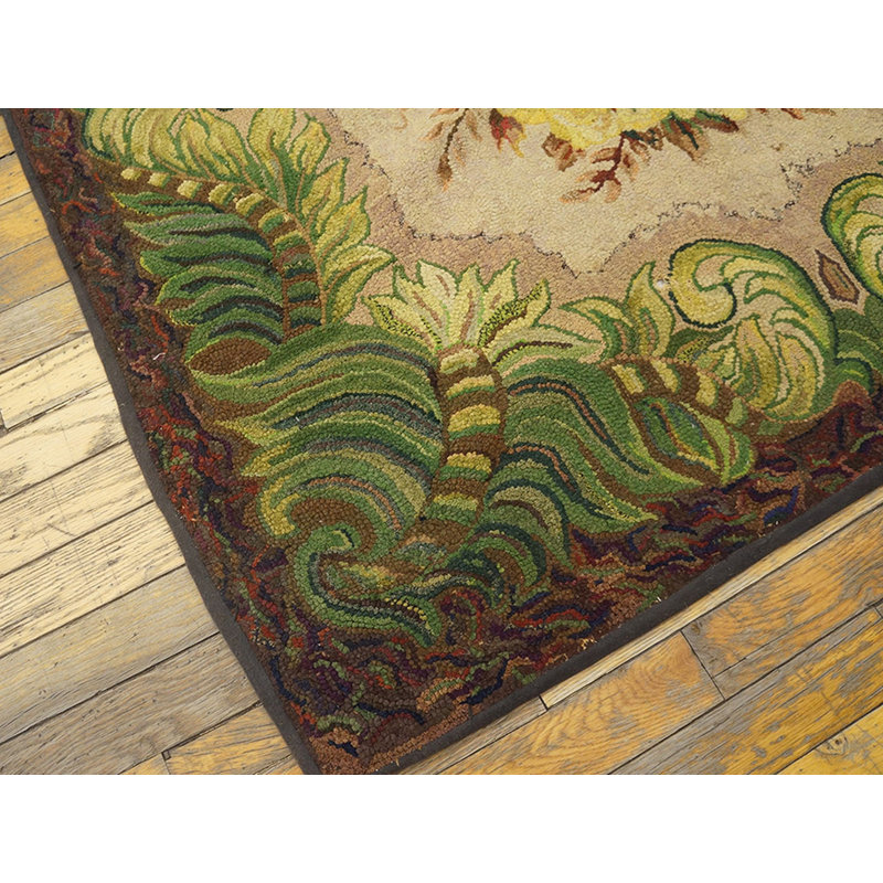 Antique Small Size American Floral Folk Art Design Hooked Area Rug