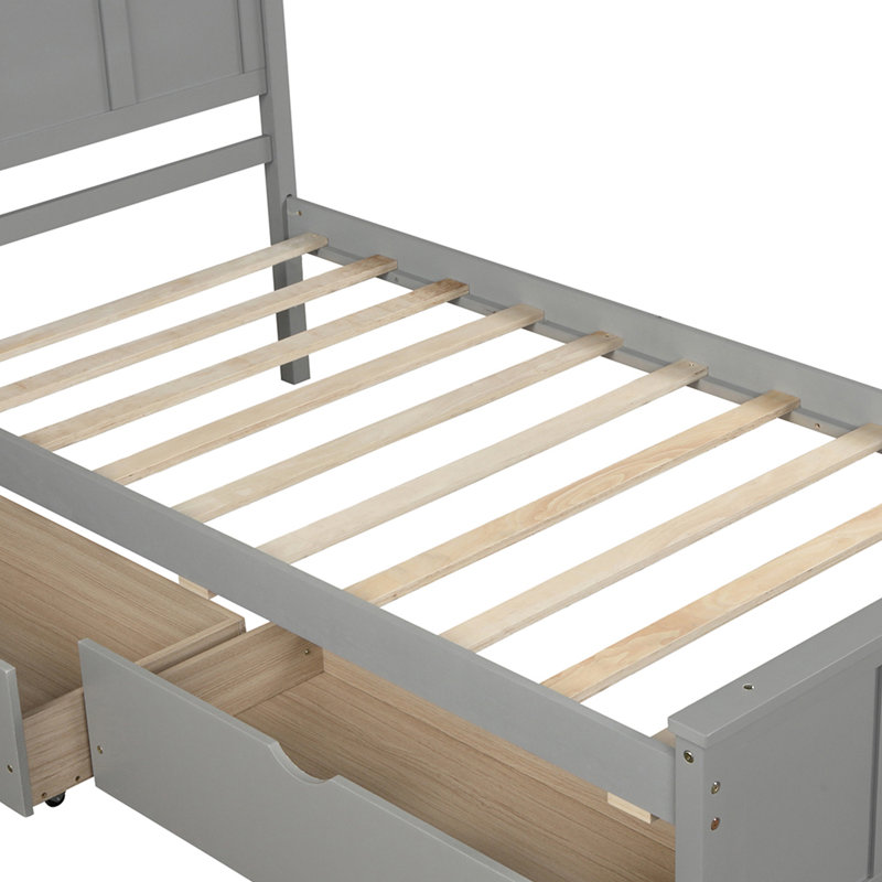 Structure de lit simple avec deux tiroirs, base de lit simple avec tiroir en dessous, base de lit simple en bois avec tête de lit avec support à lattes, sans sommier, gris