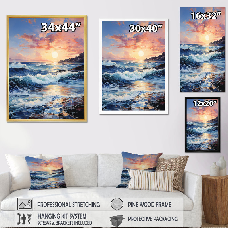 «Beach Sunrise Tranquil Horizons I», reproduction sur toile, H 20 po x l 12 po x P 1 po, Cadre flottant blanc