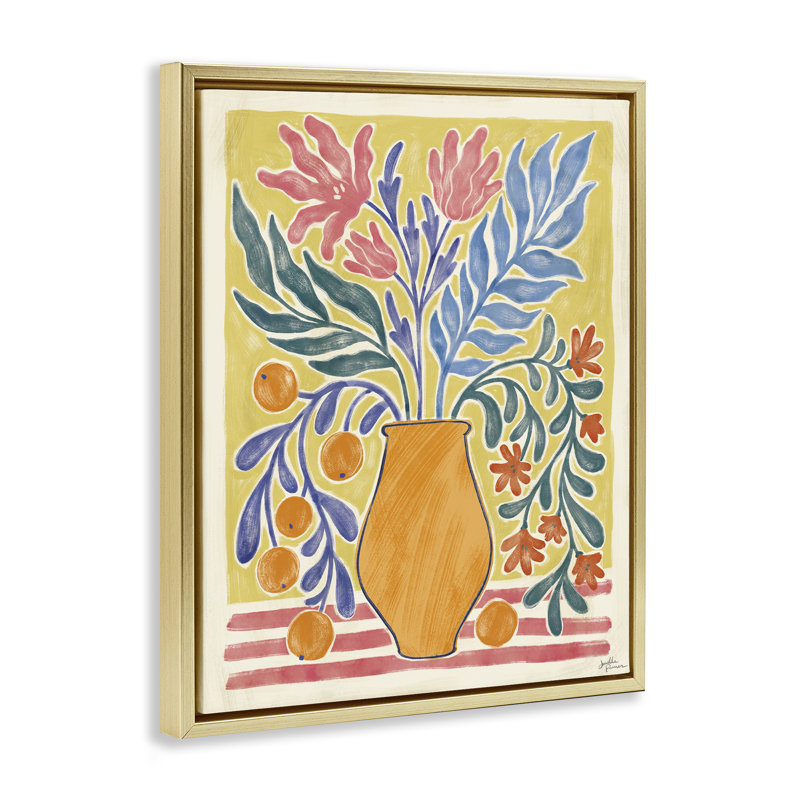Art mural encadré sur toile flottant, oranges et vases de Chypre, par Janelle Penner, H 21 po x l 17 po