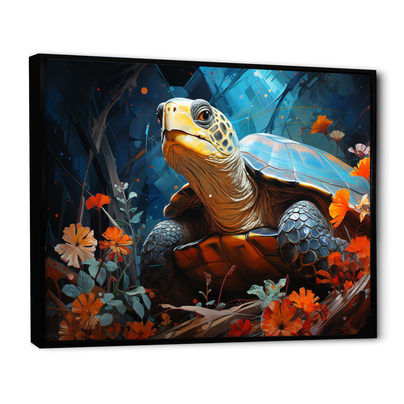 «Turtles Journey», collage floral sur toile, H 34 po x l 44 po x P 1,5 po, Cadre flottant noir