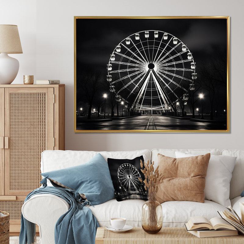 Carrousel de roue noire et blanche I - impression, H 30 po x l 40 po x P 1,5 po, Cadre flottant doré