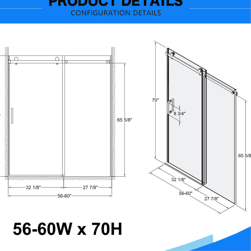 56" - 60"W X 70"H Sliding Shower Enclosure With 5/16" 8Mm  Thick Tempered Glass, Easy Clean Coat And Buffer For Quiet 60" Wide 70" High, Featuring Waterproof Design, Brushed Nickel Finish