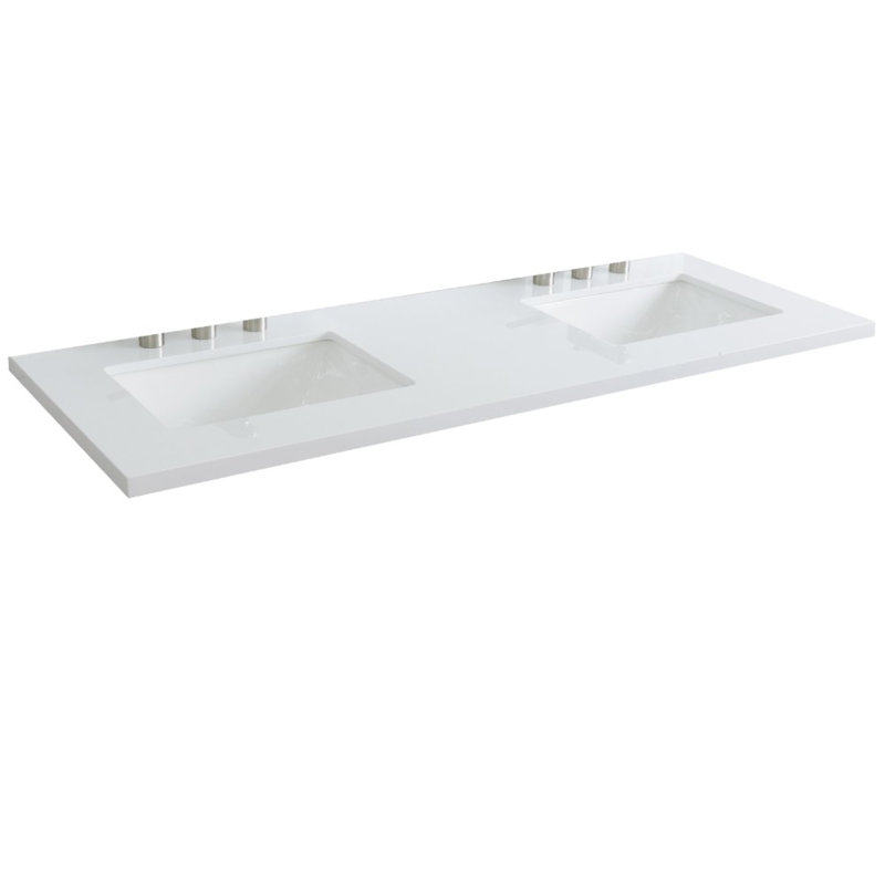 61 po. Comptoir en quartz blanc avec deux lavabos rectangulaires en céramique blanche