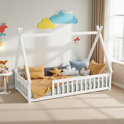 Tent-Shaped Floor Bed,Teepee Bed With Guardrails,Slats