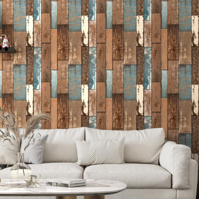 Blue Brown Wood Peel And Stick Wallpaper - 17.7" X 197" Self-Adhesive Waterproof Vinyl Wood Contact Paper For Cabinets, Countertops, Walls, And Furniture - Vintage Textured Wood Look