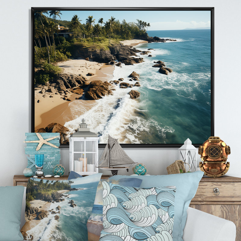 Aérien, corail, paradis, plages tropicales dévoilées III - art mural plage, Cadre flottant noir, H 34 po x l 44 po x P 1,5 po