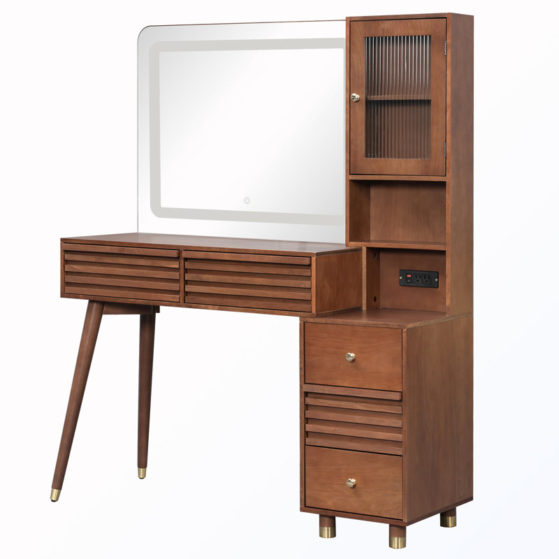 Coiffeuse à 5 tiroirs avec miroir et lumières et prise de courant, Brun