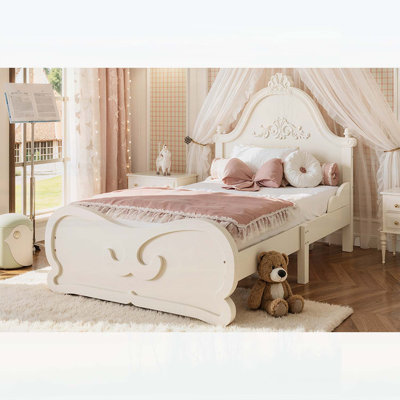 Lit plateforme simple sculpté avec tête de lit simple, structure en bois, support à lattes, profil bas pour enfants et adolescents, aucun sommier tapissier requis, beige