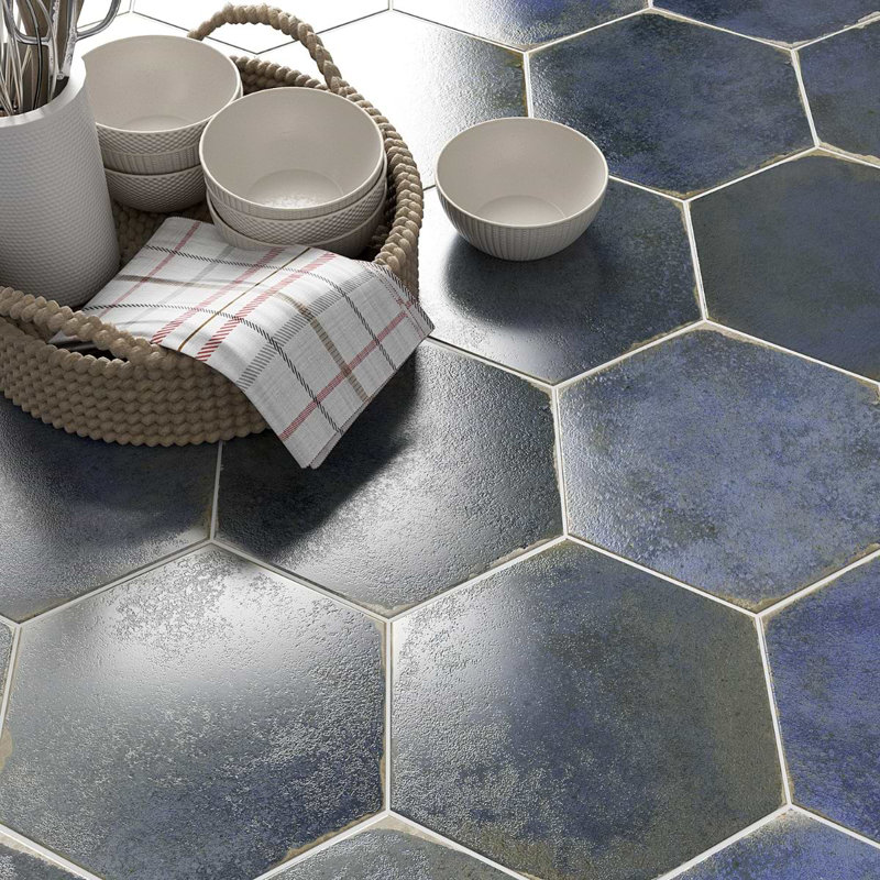 Kalay 9" Hexagon Polished Porcelain Tile, Blue