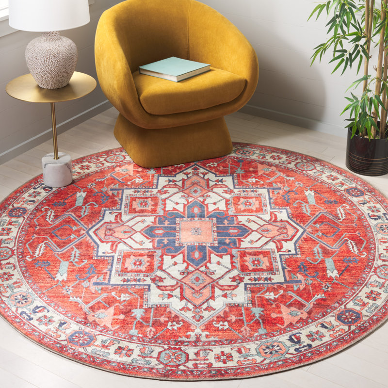 Tapis de style sud-ouest en coton / chenille lavable à la machine en rouille / bleu Wassay, Rond 6 pi 7 po