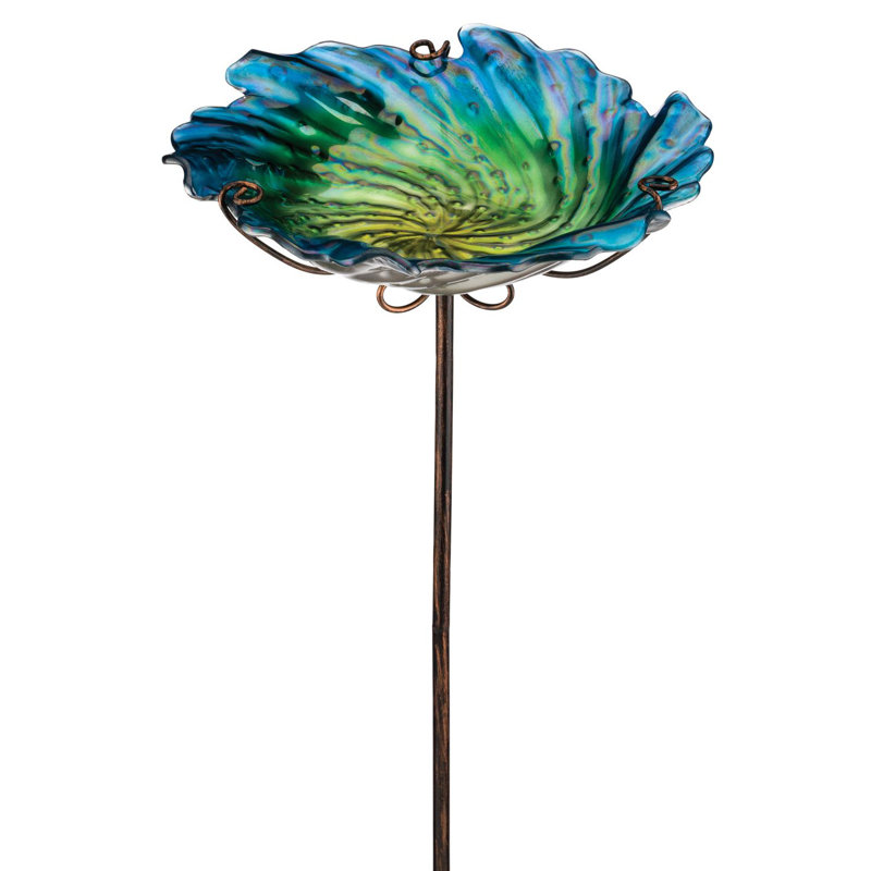 Blue and Green Glass Birdbath Feeder with Metal Stake