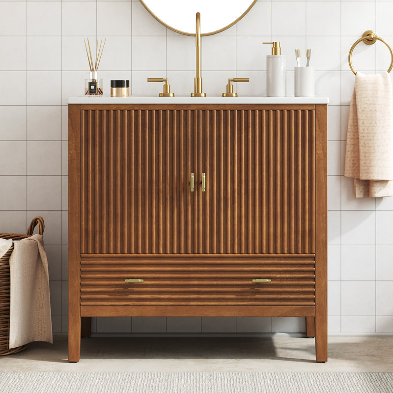 Lune Mid-Century Bathroom Vanity with Ceramic Sink & Drawer, 30"