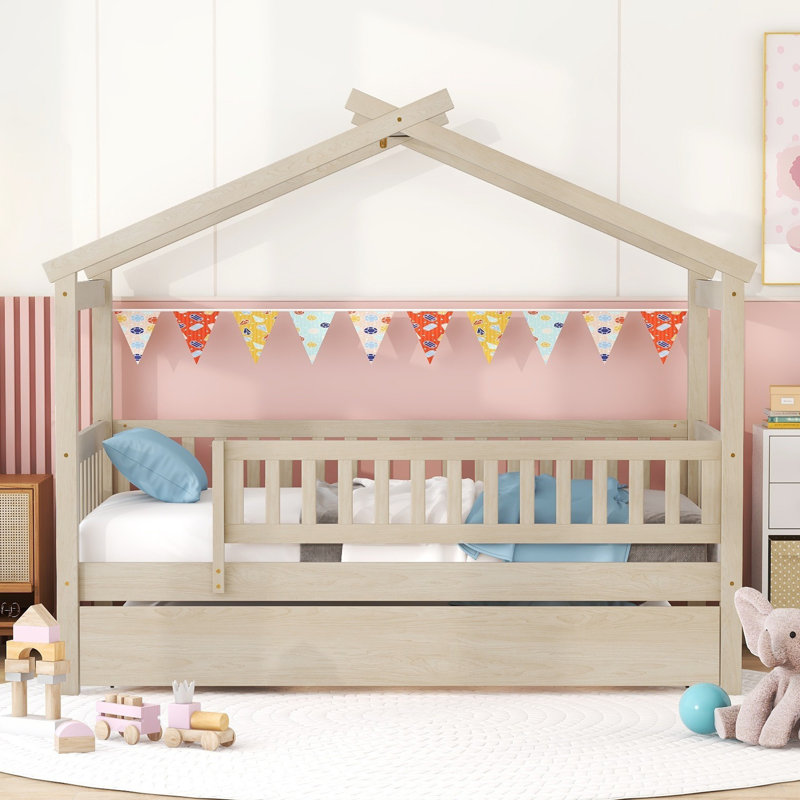 Lit en bois avec lit gigogne simple, Naturel, Full
