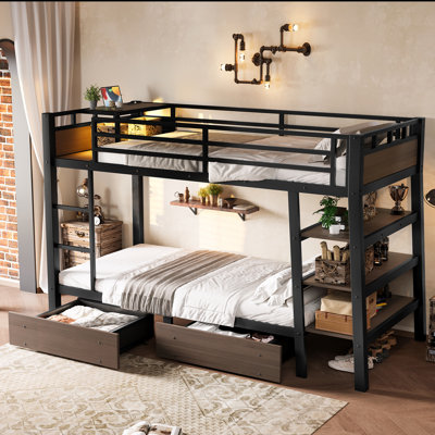 Bunk Bed, Metal Bunk Beds With Storage Shelves, Two Drawers, Led Light Strip, And Usb Power Strip, Upper Bed With Desk, For Kids Teens Adults, Space-s by Brayden Studio