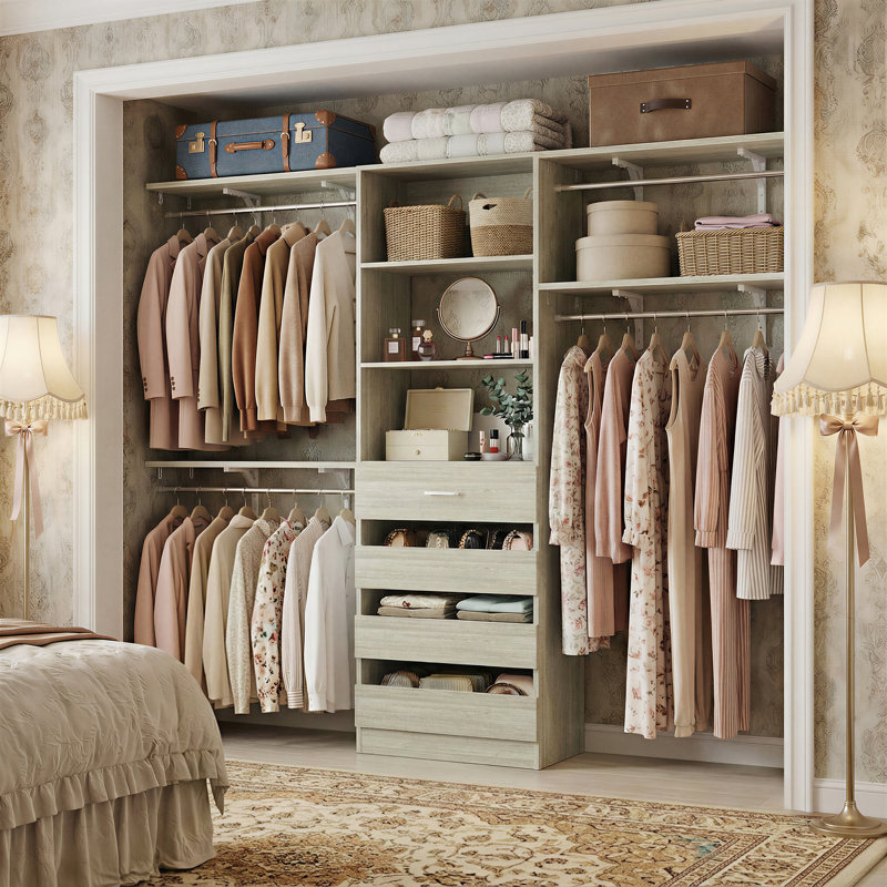 21"-95"Closet System With 4 Drawers And 4 Rods, Beige