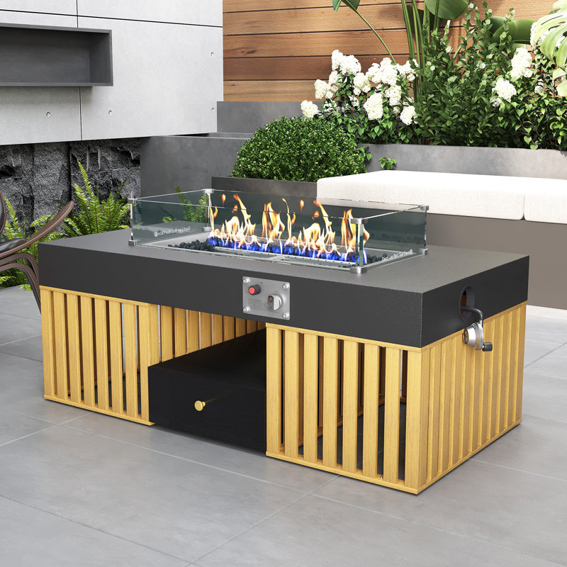 Table de foyer d'extérieur au gaz naturel 47,2 "avec pare-vent en verre, deux tiroirs et fabrication en métal, table de chauffage d'extérieur pour les salons de patio