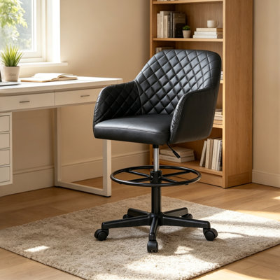 Modern Balck PU Leather Drafting Chair, Comfortable Adjustable Desk Chair with Footrest, Rolling Tall Office Chair for Work & Study