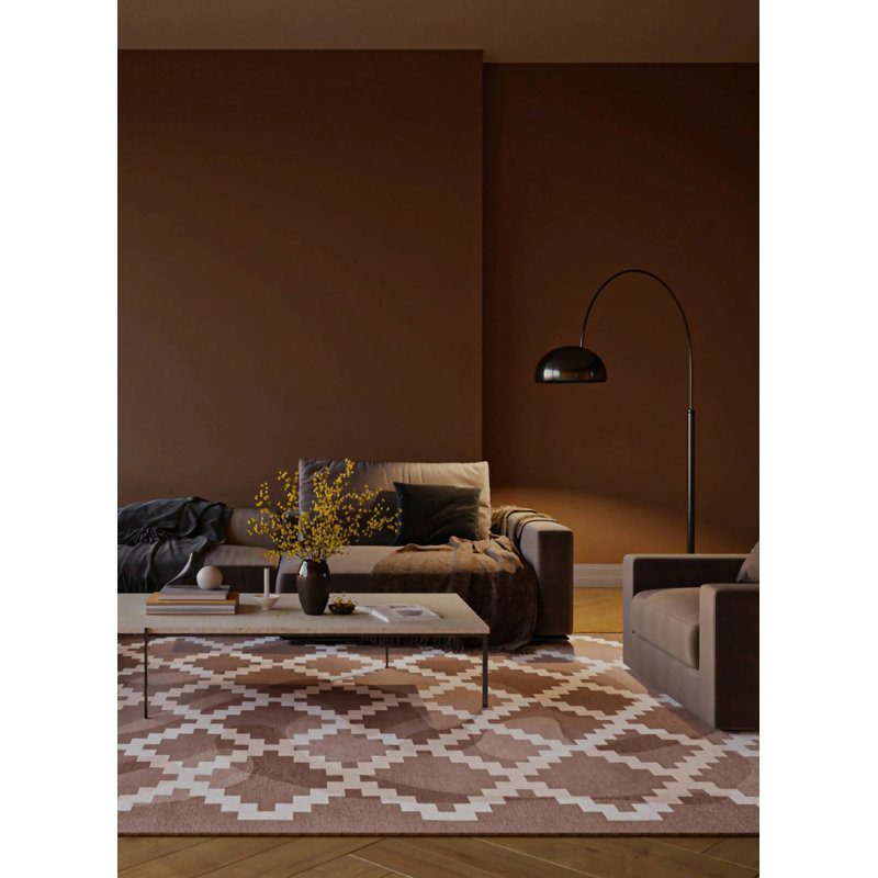 Tapis géométrique tissé à la machine en polyester / chenille brun / beige, Rectangle de 5 pi x 8 pi