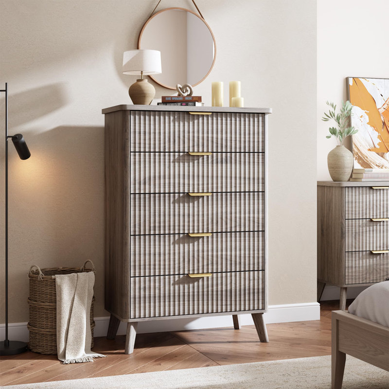 Fluted 5 Drawer Dresser, Curved Profile Design 47.2" Tall Wooden Chest for Bedroom Living Room Hallway, Gray