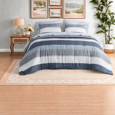 Modern Stripe Bedding Sets With Hypoallergenic Polyester Filling, Blue And Grey, Full Size