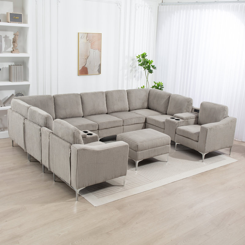 U Shaped Modular Sectional Sofa, Gray Corduroy