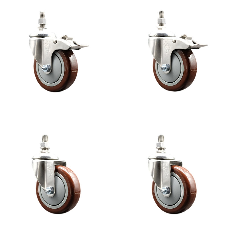 4 Inch 316SS Maroon Polyurethane 10mm Threaded Stem Caster Set 2 Lock Brake