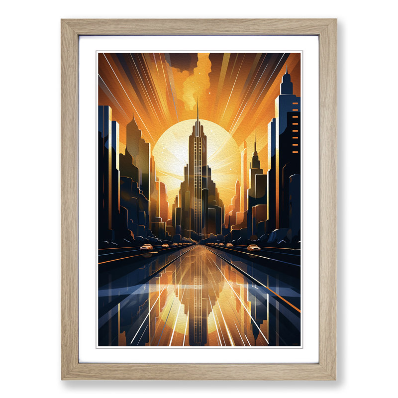Skyline Art Deco No.2 - Framed Print, 34cm H x 25cm W, Oak Framed