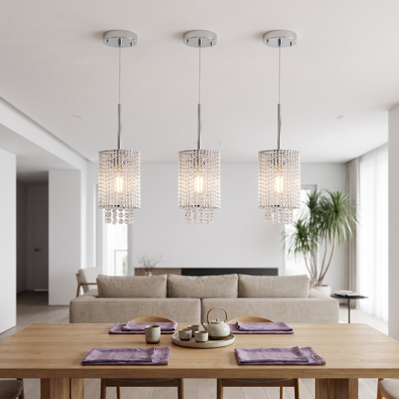 3 Pack 5.1" Chrome Crystal Bead Strand Chandeliers, Modern Drum Mini Pendant Light